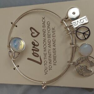 LOVE multi charm dangle silver Bangle Bracelet w Moonstone Ring Sz 9